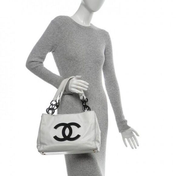 Rare Vintage CHANEL Black and White CC Logo Chain Dual Top Handle Tote - Picture 4 of 16